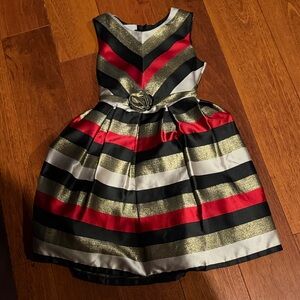 Elegant Striped Kids Dress - Red, Black, Gold